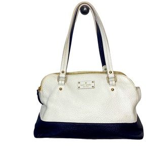 Kate Spade Pebbled Leather White and Navy Blue Colorblock Satchel Shoulder Bag
